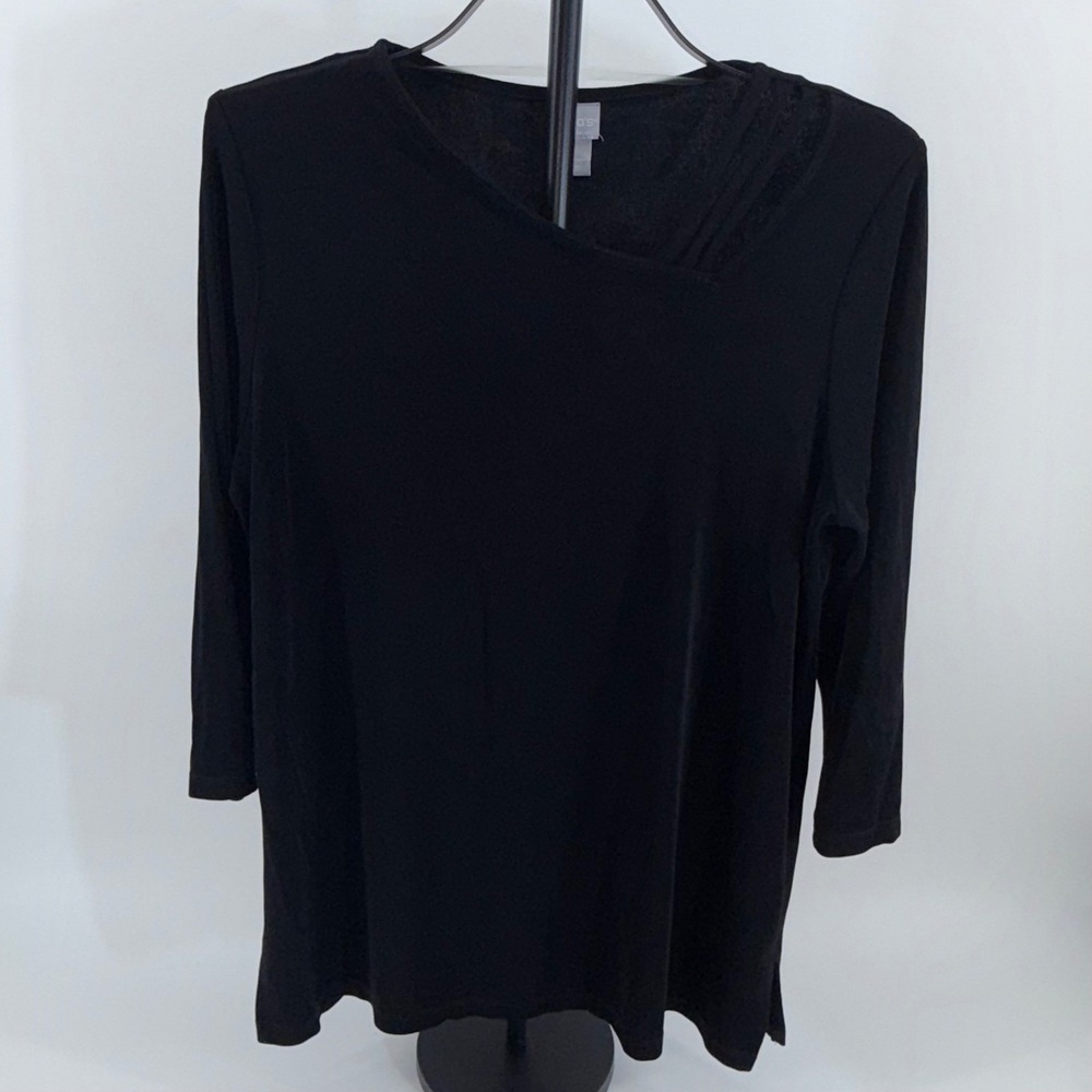Chicos Travelers Black Asymmetric Strappy Neck Top Size 2 US 12/14 3/4 Sleeve